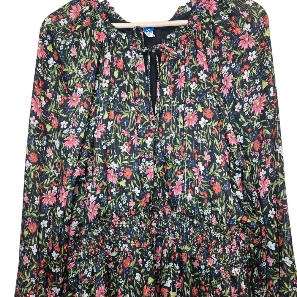 Old Navy Black Floral Gold Stripe Waist Defined Dress - Picture 2 of 5